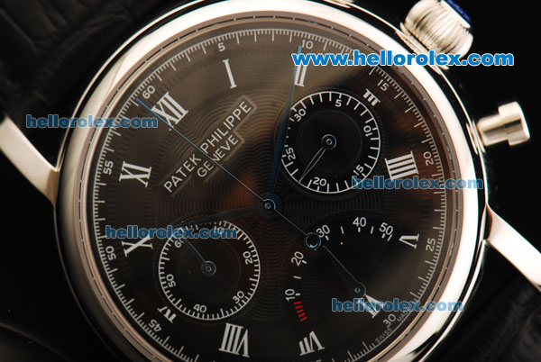 Patek Philippe Chronograph Swiss Valjoux 7750 Manual Winding Movement Steel Case with Black Dial and Black Leather Strap - Click Image to Close